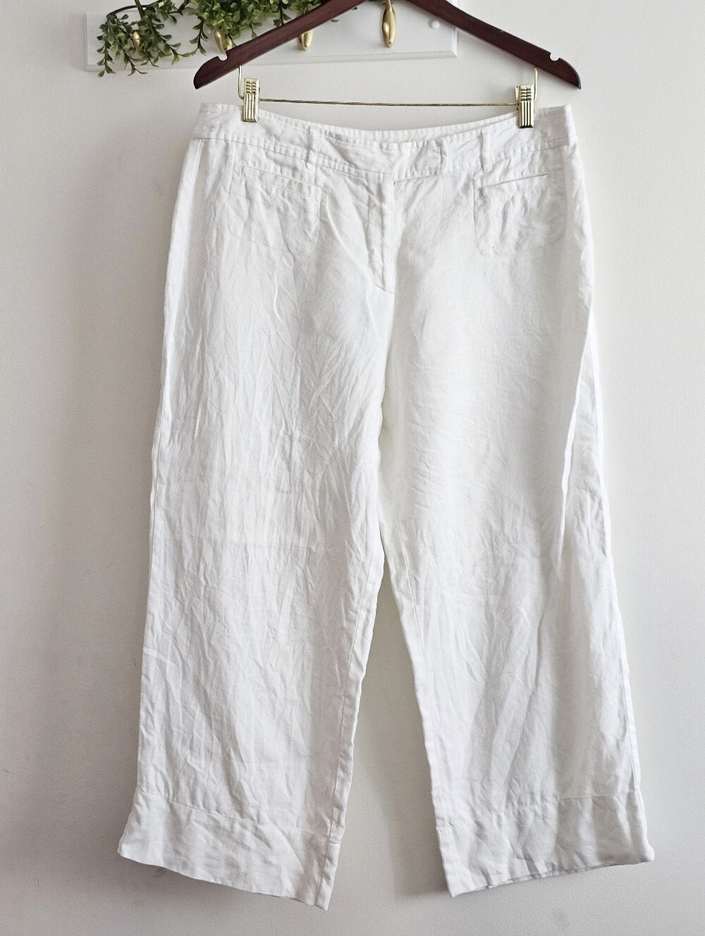 Bass Women’s Size 12 White 100% Linen Cropped Pants Wide Leg